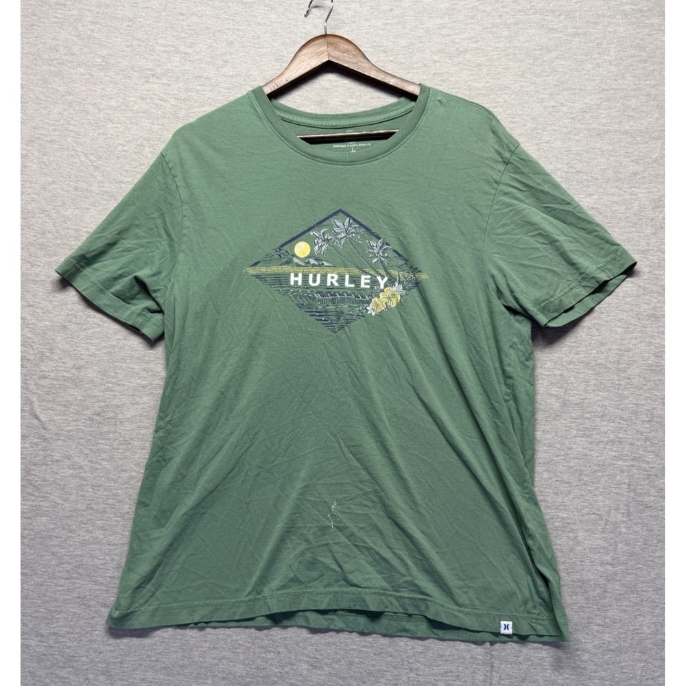 Hurley T-Shirt Mens L Green Graphic Print Cotton Short Sleeve Crew Neck Pullover